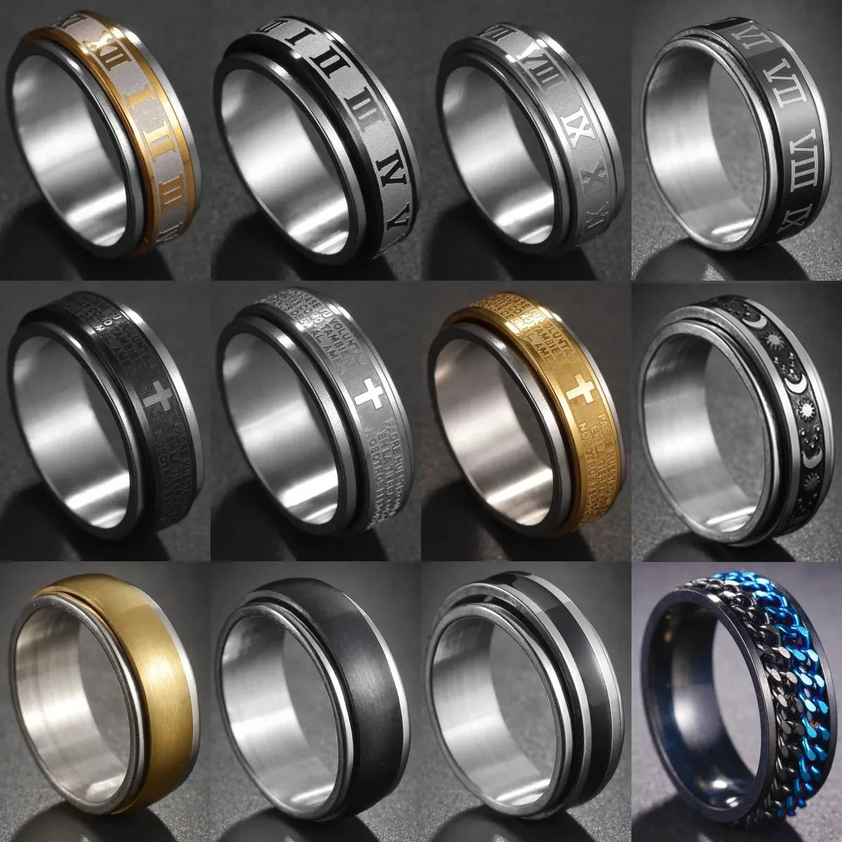 Bague Fidget Rotative en Acier Inoxydable – Chiffres Romains