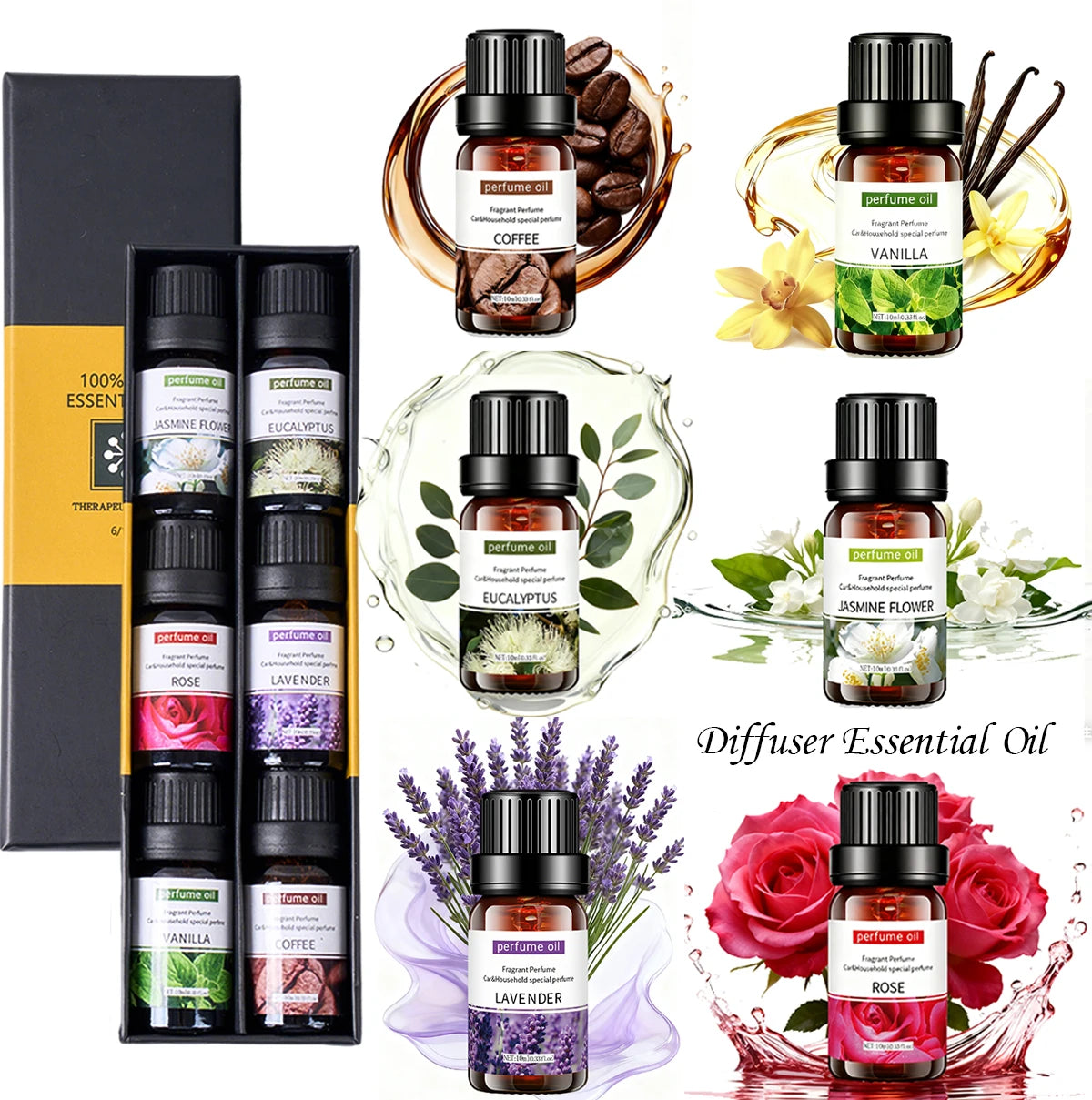 Ensemble 6 Huiles Essentielles Naturelles 10ml - Diffuseur Massage